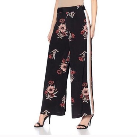 Eva Longoria Pants - Eva Longoria Floral Ribbon Stripe Wide Leg Crepe Trouser Pant Black Pink 6